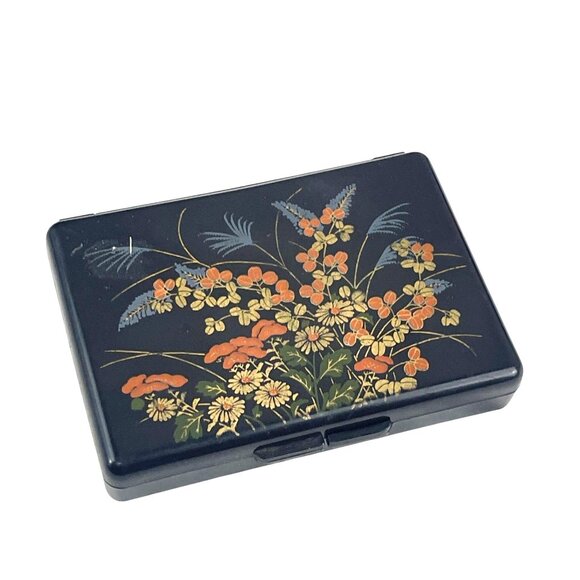 Vintage Black Lacquered Floral Compact Hong Kong With Mirror For Jewelry Trinket - Picture 1 of 9